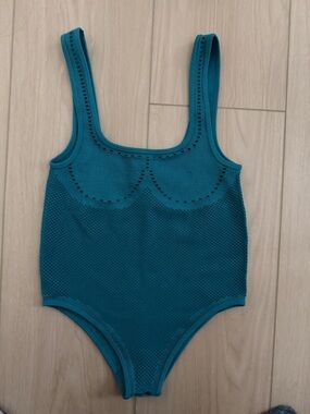 Zara Teal Ribbed & Mesh One-Piece Bodysuit